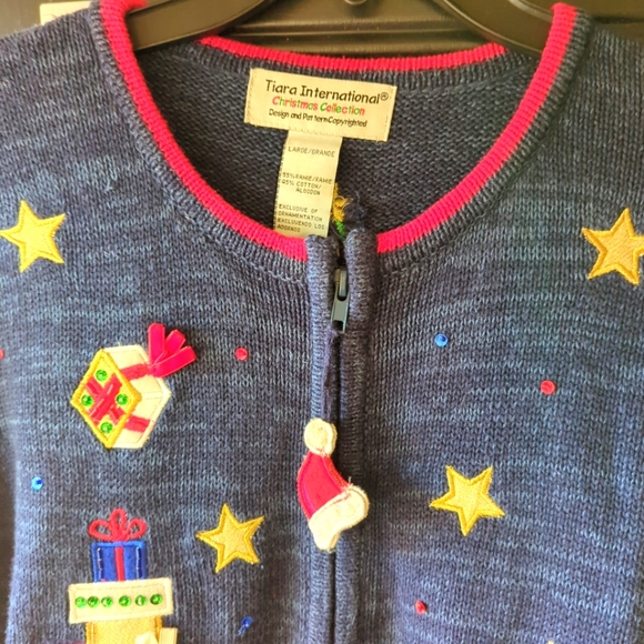 🌲Christmas Sweater Tiara International SZ Large Zipper Front EUC - Picture 3 of 15
